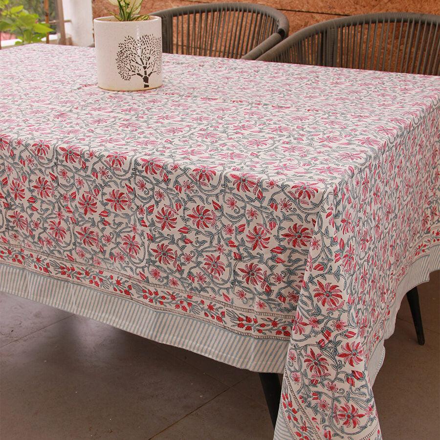 Pink Jaali Floral Hand Block Cotton Canvas Rectangle  Table Cover / Cloth