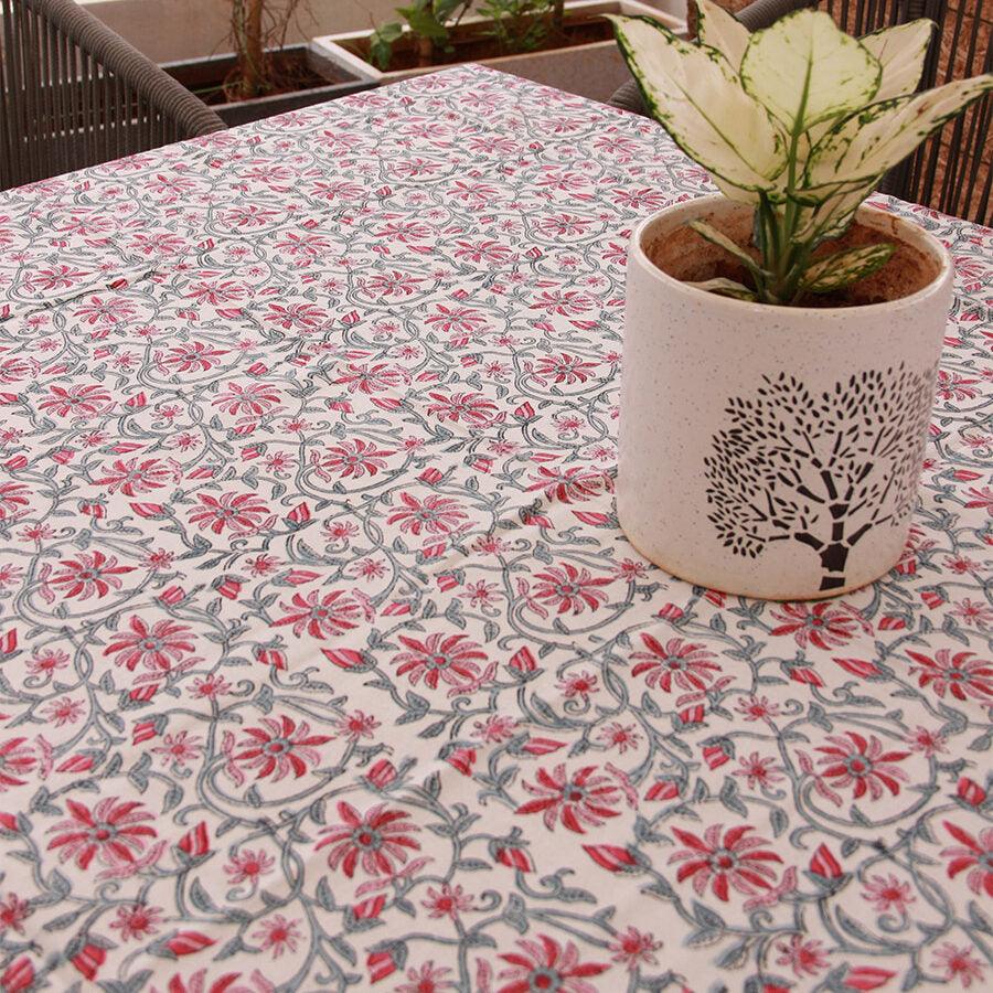 Pink Jaali Floral Hand Block Cotton Canvas Rectangle  Table Cover / Cloth