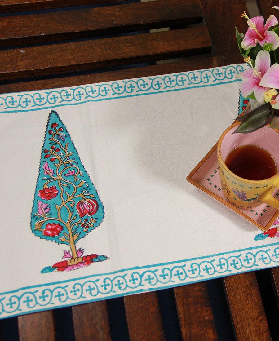 Pink Gulbahaar on Turquoise Table Runner - Moriyo Decor