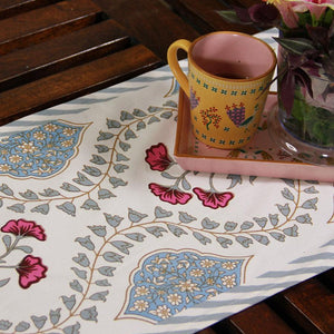 Pink Hibiscus on Blue Table Runner - Moriyo Decor