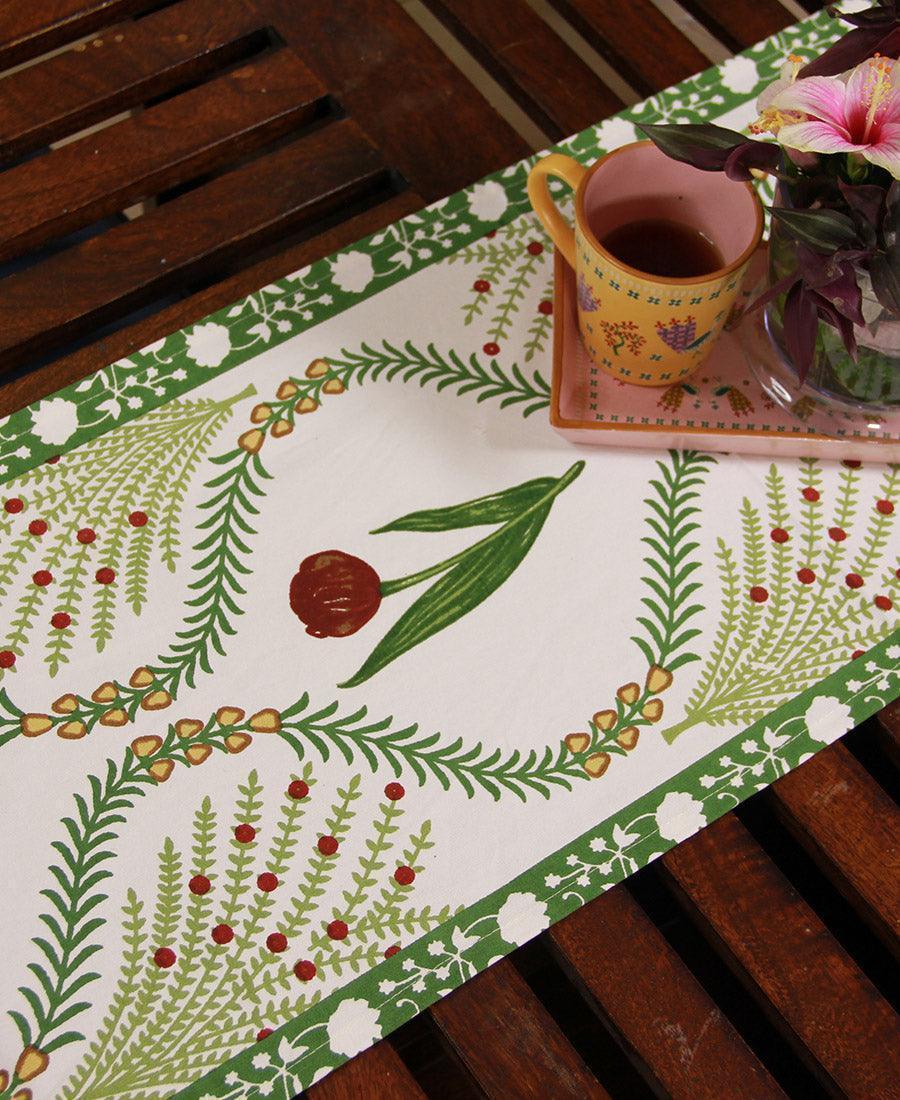 Green Kaner Rajasthani Floral Table Runner - Moriyo Decor