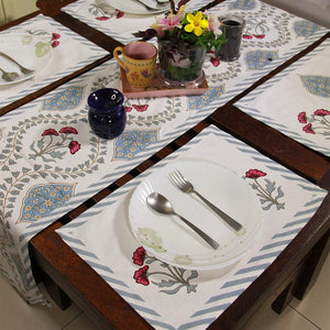 Pink Hibiscus on Blue Table Runner - Moriyo Decor