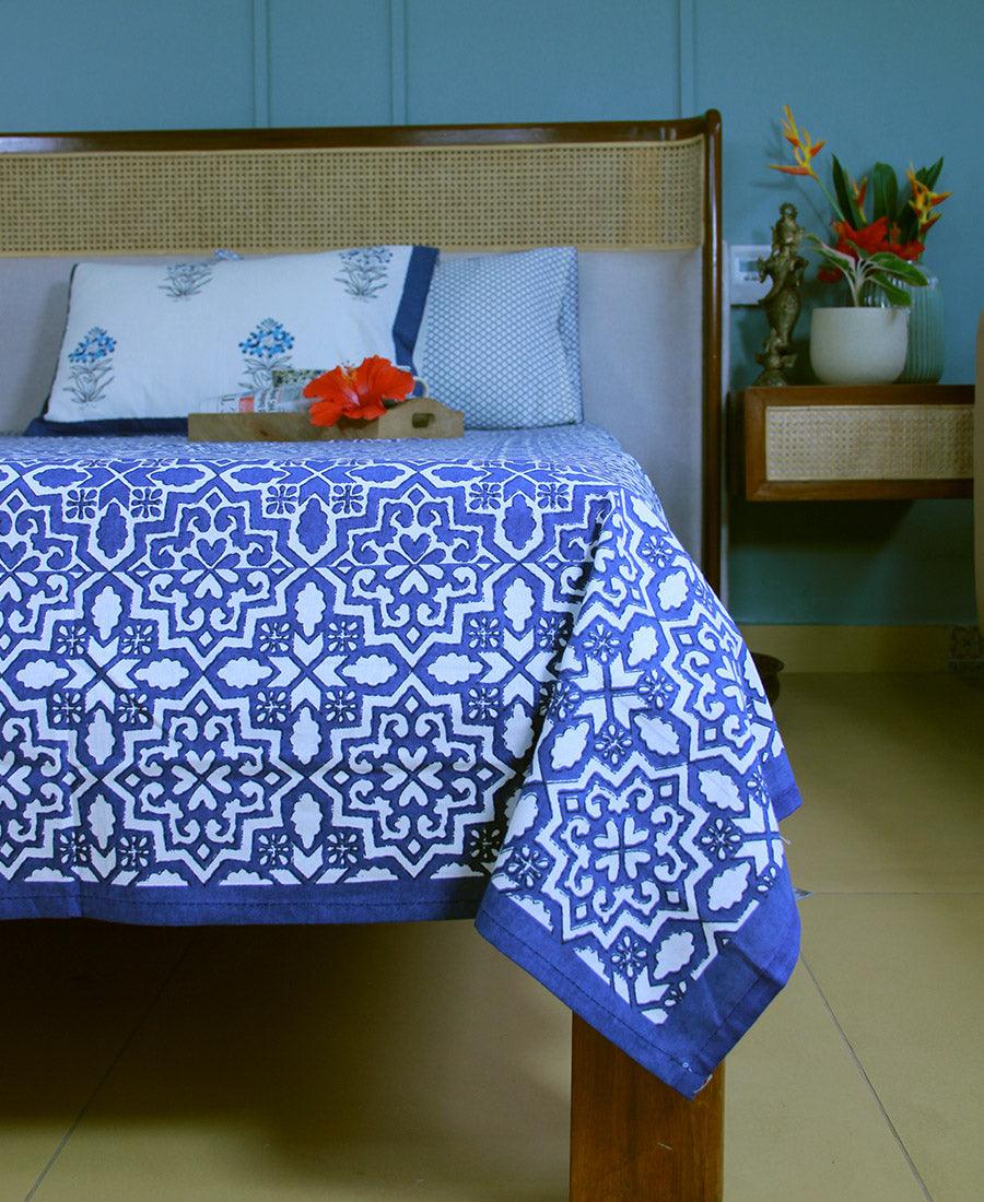 Geometric Blue Bedsheet with 2 Pillow Cover Set - 220TC - Moriyo Decor