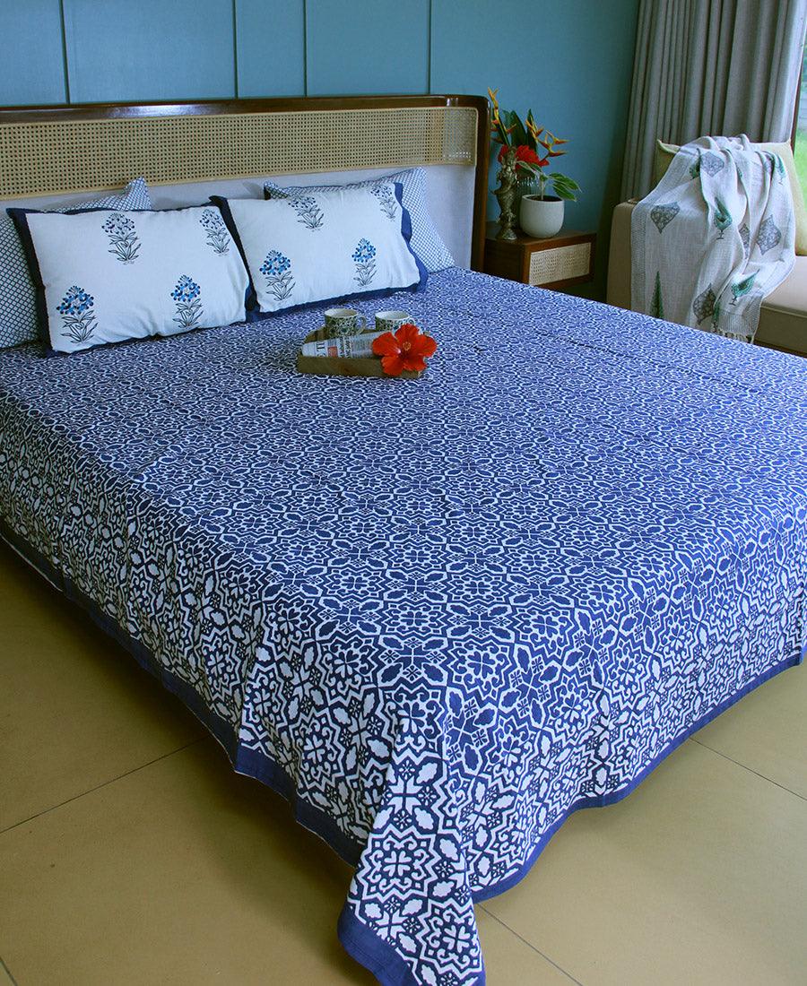 Geometric Blue Bedsheet with 2 Pillow Cover Set - 220TC - Moriyo Decor