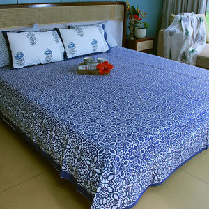 Geometric Blue Bedsheet with 2 Pillow Cover Set - 220TC - Moriyo Decor