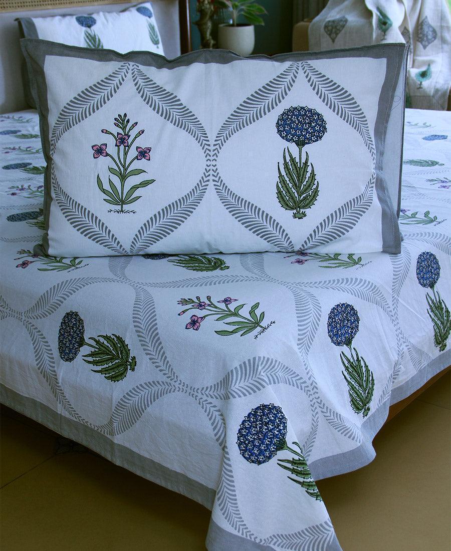 Blue Marigold with Pink Lily Bedsheet with 2 Pillow Cover Set - 220TC - Moriyo Decor