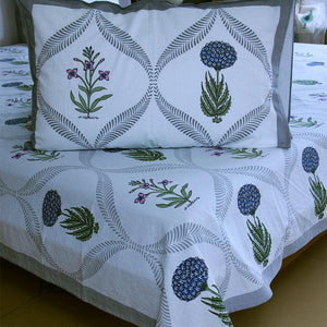 Blue Marigold with Pink Lily Bedsheet with 2 Pillow Cover Set - 220TC - Moriyo Decor