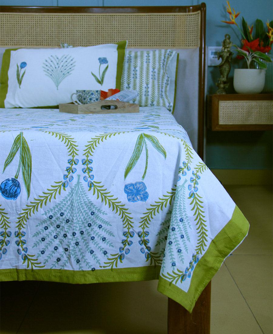 Blue Kaner Rajasthani Floral Bedsheet with 2 Pillow Cover Set - 220TC - Moriyo Decor