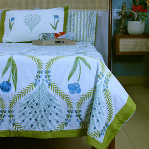 Blue Kaner Rajasthani Floral Bedsheet with 2 Pillow Cover Set - 220TC - Moriyo Decor