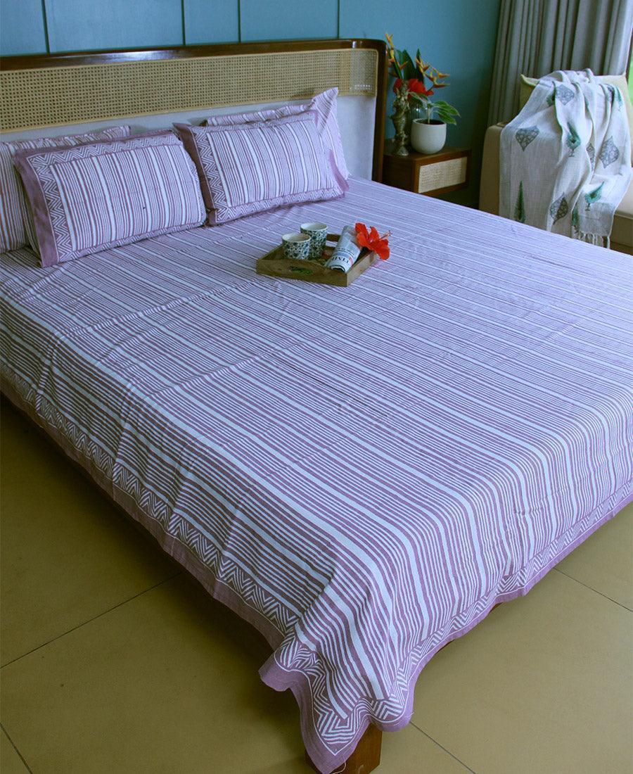 Geometrical Pink Striped Bedsheet with 2 Pillow Cover Set - 220TC - Moriyo Decor