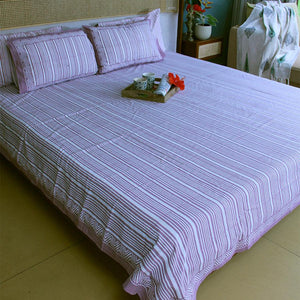 Geometrical Pink Striped Bedsheet with 2 Pillow Cover Set - 220TC - Moriyo Decor