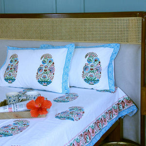 Paisley on Blue Bedsheet with 2 Pillow Cover Set - 280TC - Moriyo Decor