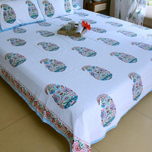 Paisley on Blue Bedsheet with 2 Pillow Cover Set - 280TC - Moriyo Decor