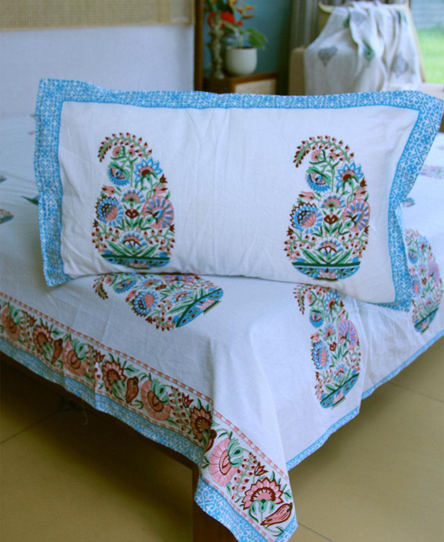 Paisley on Blue Bedsheet with 2 Pillow Cover Set - 280TC - Moriyo Decor