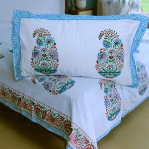 Paisley on Blue Bedsheet with 2 Pillow Cover Set - 280TC - Moriyo Decor