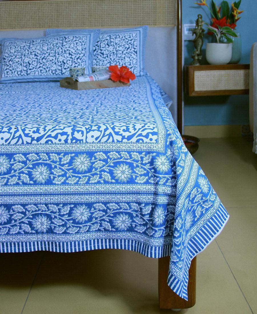 Blue Jaali Bedsheet with 2 Pillow Cover Set - 220TC - Moriyo Decor