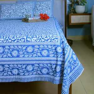 Blue Jaali Bedsheet with 2 Pillow Cover Set - 220TC - Moriyo Decor