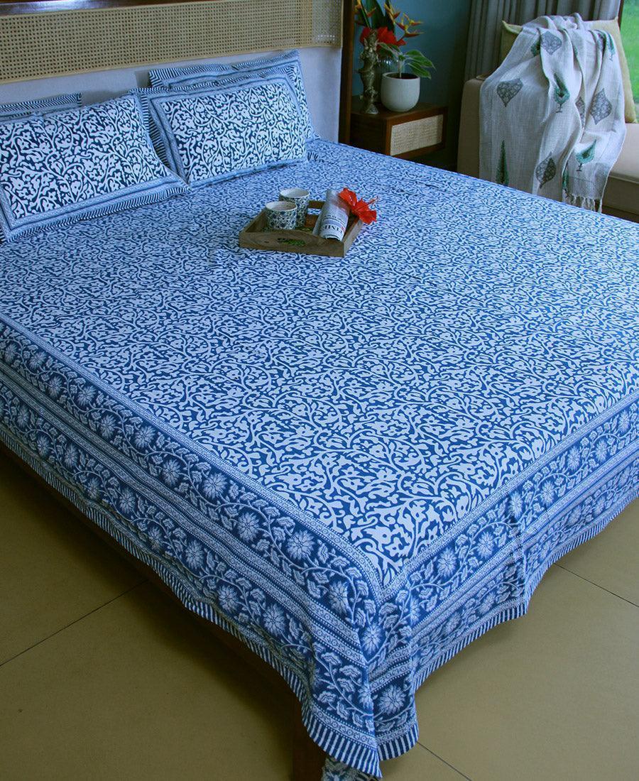 Blue Jaali Bedsheet with 2 Pillow Cover Set - 220TC - Moriyo Decor