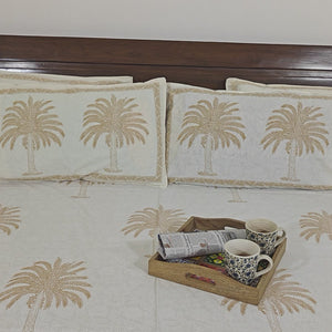 Sandy Yellow Palm Bedsheet with 2 Pillow Cover Set - 220TC