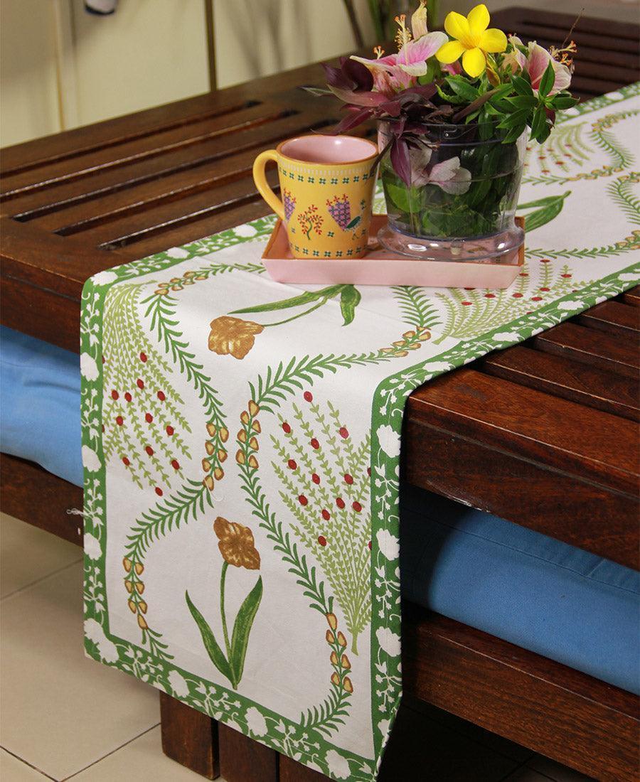 Green Kaner Rajasthani Floral Table Runner - Moriyo Decor