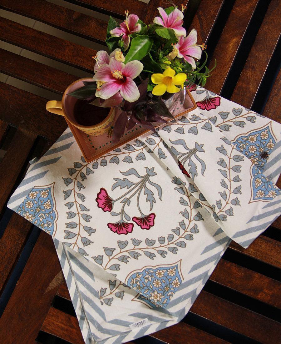 Pink Hibiscus on Blue Table Runner - Moriyo Decor