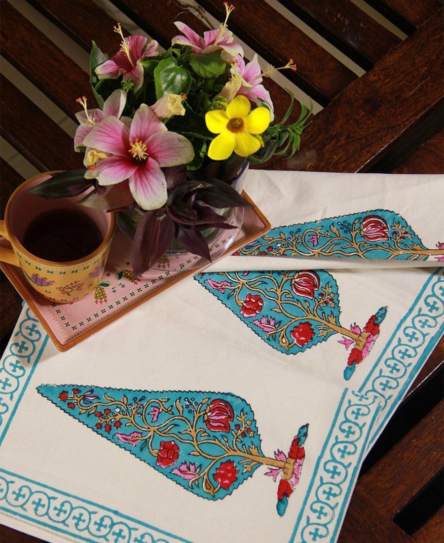 Pink Gulbahaar on Turquoise Table Runner - Moriyo Decor