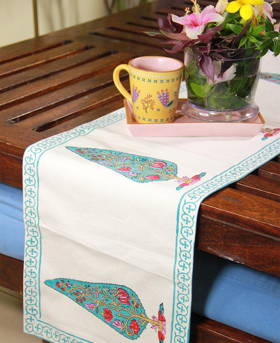 Pink Gulbahaar on Turquoise Table Runner - Moriyo Decor