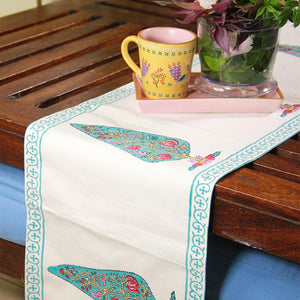 Pink Gulbahaar on Turquoise Table Runner - Moriyo Decor