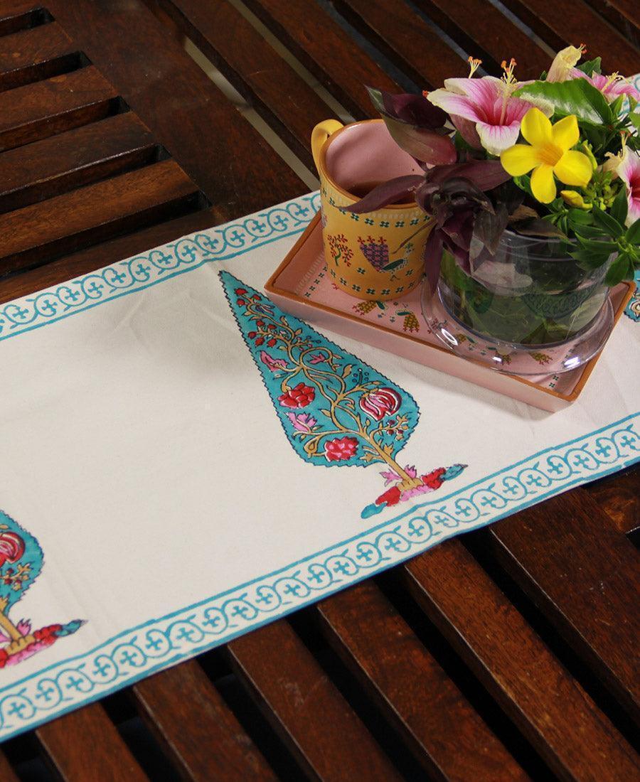 Pink Gulbahaar on Turquoise Table Runner - Moriyo Decor